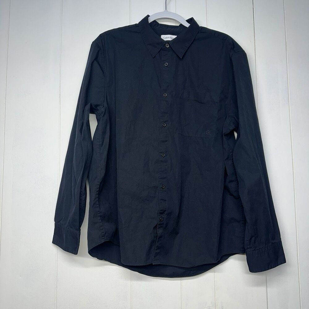 Calvin Klein Men’s Large Black Button Front Shirt Long Sleeve CK Logo Pocket